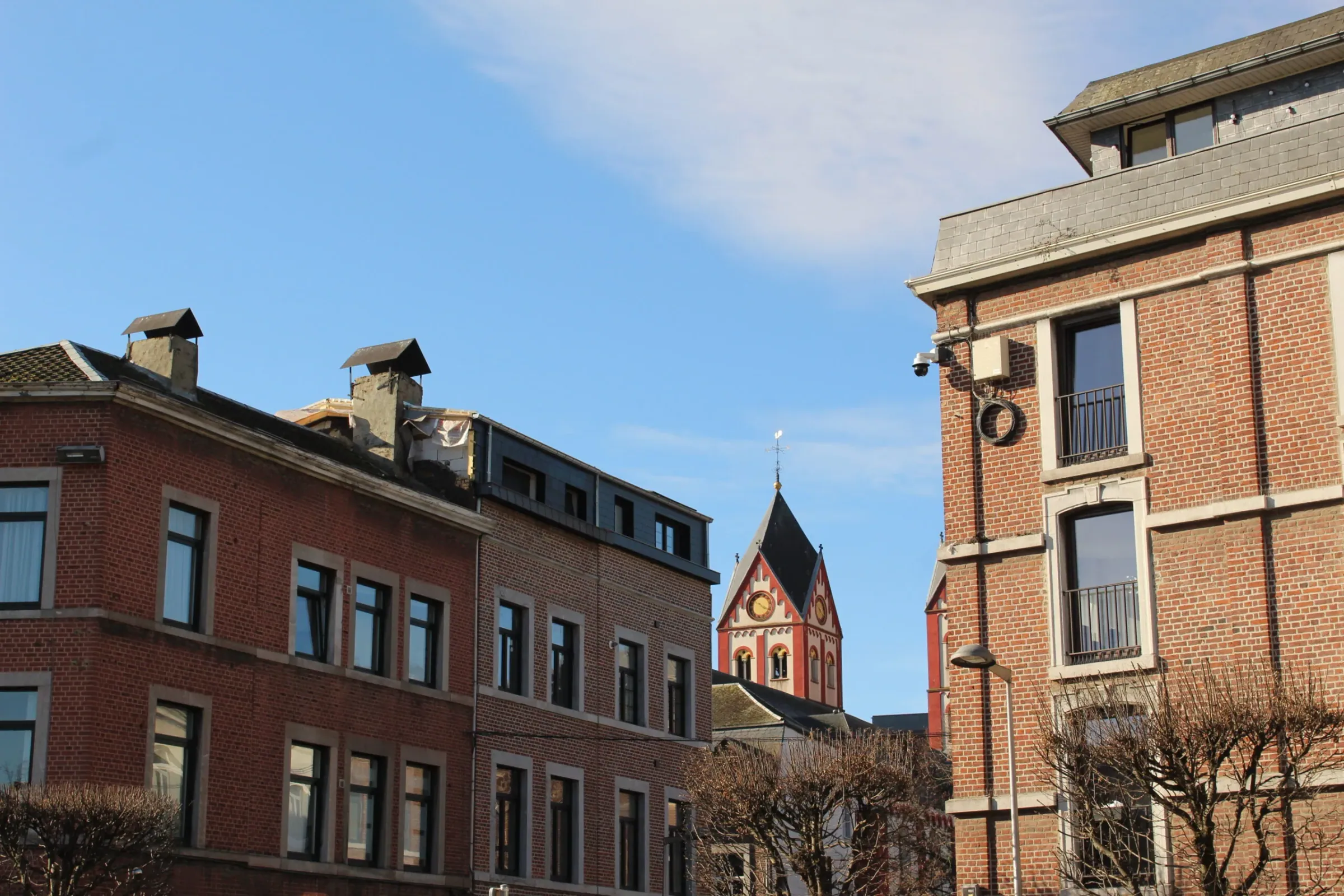 Rue résidentielle wallonne bordée de maisons mitoyennes et de toits