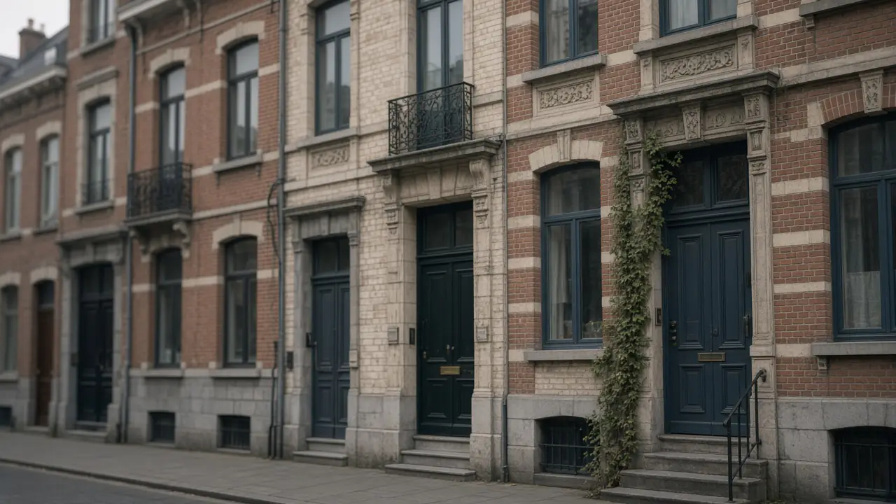Maisons de ville belges en briques avec portes d'entrée distinctes, rue résidentielle calme