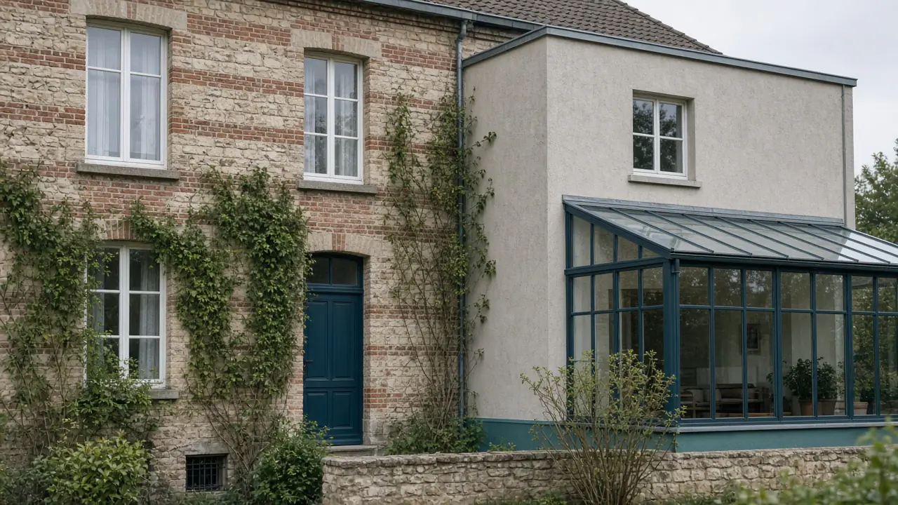 Maison wallonne en briques avec véranda vitrée ajoutée sur le côté, lumière douce