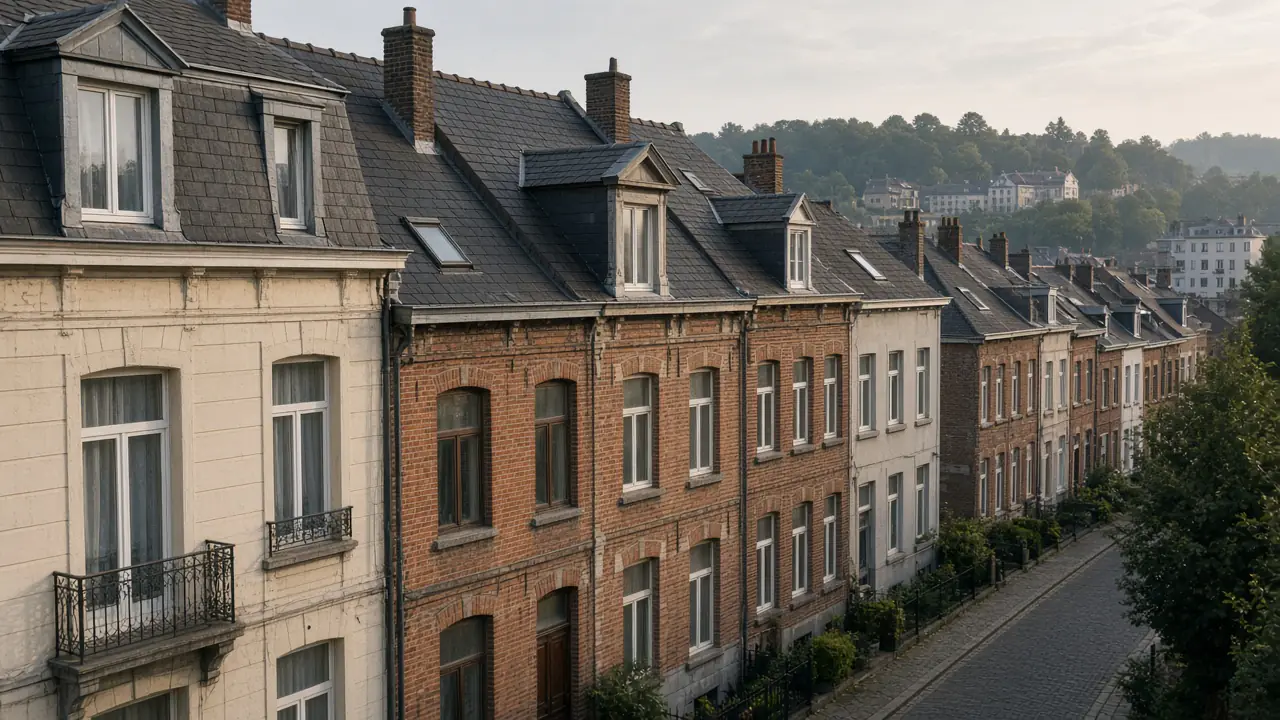 Rue résidentielle wallonne bordée de maisons classiques, toits et façades sous lumière douce
